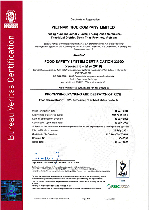 Vietnam Rice Co., Ltd achieve FSSC22000 Certification