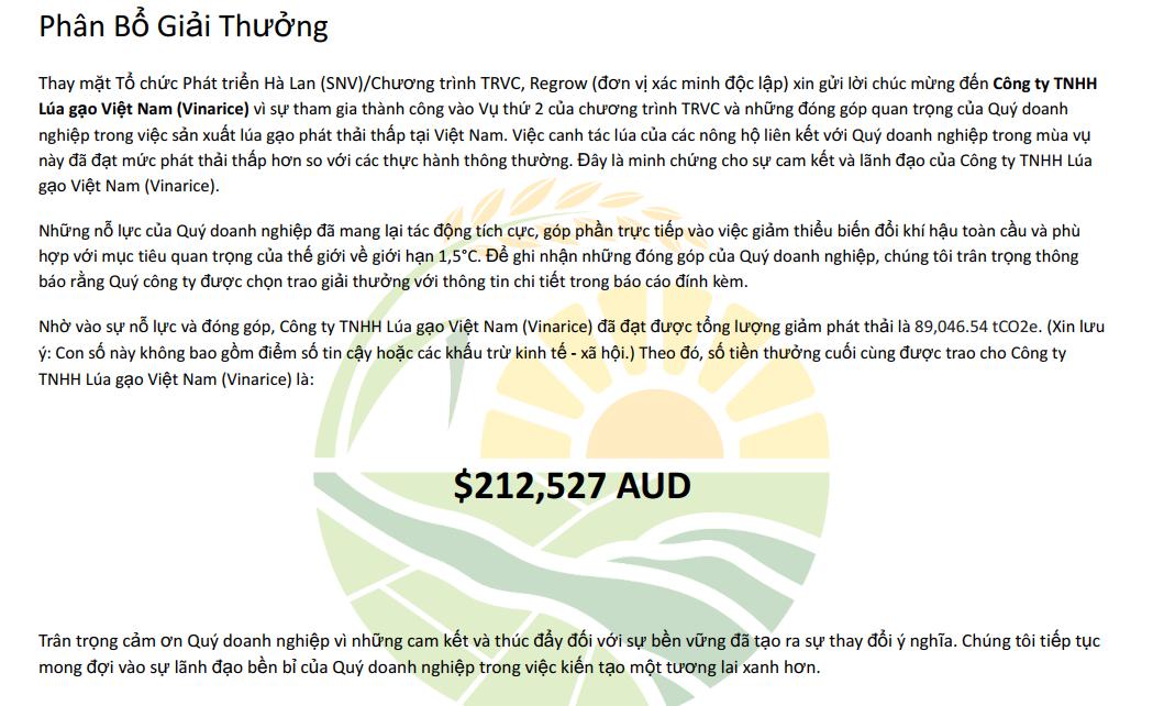 Vinarice tiên phong sản xuất lúa gạo phát thải thấp, nhận giải thưởng 212.527 AUD